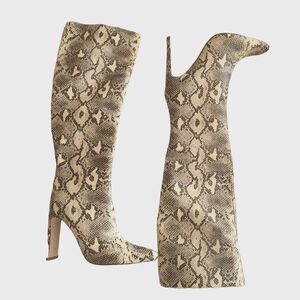 PrettyLittleThing Beige Snakeskin Knee High Boots Size 5